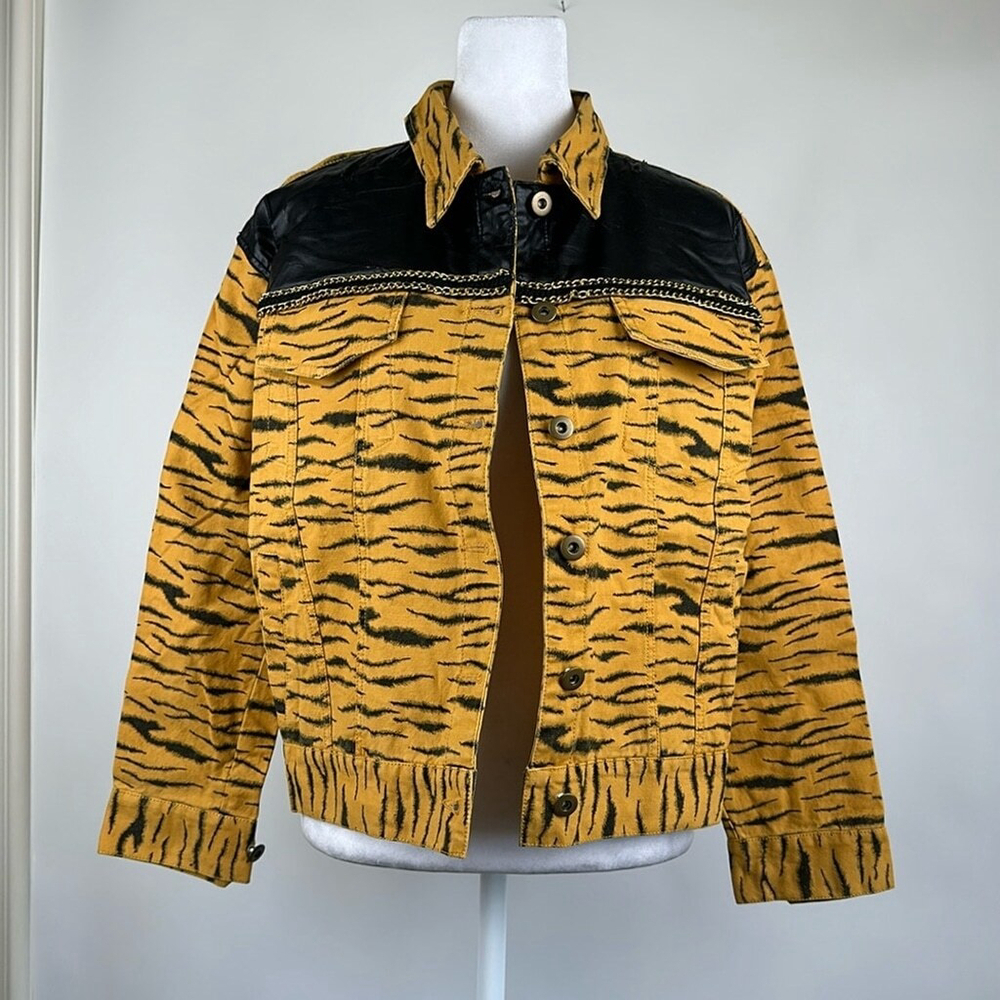 English Rose Yellow & Black Animal Print Faux Leather Jean Jacket Size S/M